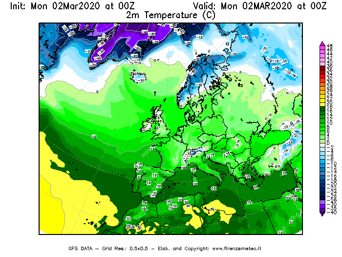 Mappa di analisi GFS - Temperatura a 2 metri dal suolo [°C] in Europa
							del 02/03/2020 00 <!--googleoff: index-->UTC<!--googleon: index-->