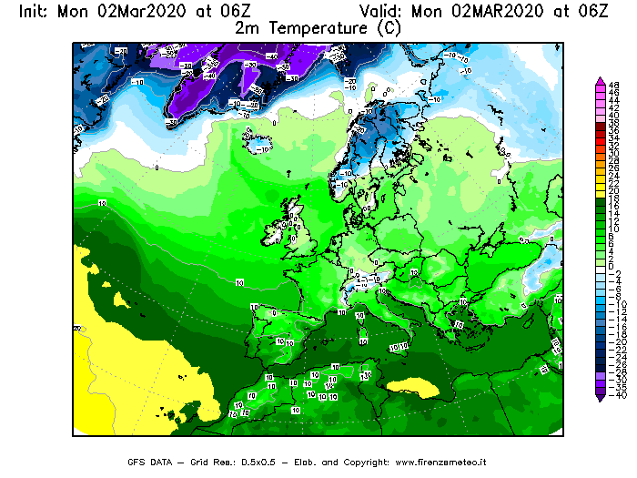 Mappa di analisi GFS - Temperatura a 2 metri dal suolo [°C] in Europa
							del 02/03/2020 06 <!--googleoff: index-->UTC<!--googleon: index-->