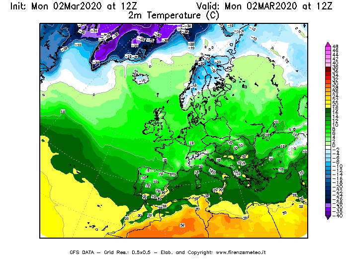 Mappa di analisi GFS - Temperatura a 2 metri dal suolo [°C] in Europa
							del 02/03/2020 12 <!--googleoff: index-->UTC<!--googleon: index-->