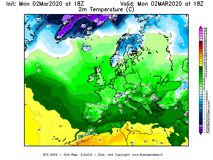 Mappa di analisi GFS - Temperatura a 2 metri dal suolo [°C] in Europa
							del 02/03/2020 18 <!--googleoff: index-->UTC<!--googleon: index-->