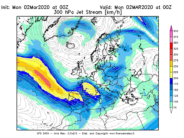 Mappa di analisi GFS - Jet Stream a 300 hPa in Europa
							del 02/03/2020 00 <!--googleoff: index-->UTC<!--googleon: index-->