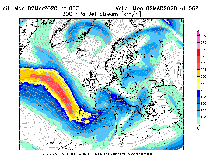 Mappa di analisi GFS - Jet Stream a 300 hPa in Europa
							del 02/03/2020 06 <!--googleoff: index-->UTC<!--googleon: index-->