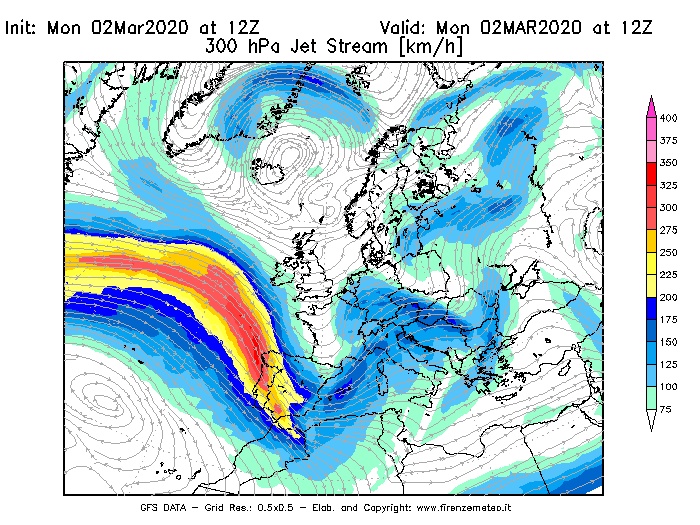 Mappa di analisi GFS - Jet Stream a 300 hPa in Europa
							del 02/03/2020 12 <!--googleoff: index-->UTC<!--googleon: index-->