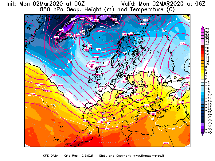 Mappa di analisi GFS - Geopotenziale [m] e Temperatura [°C] a 850 hPa in Europa
							del 02/03/2020 06 <!--googleoff: index-->UTC<!--googleon: index-->