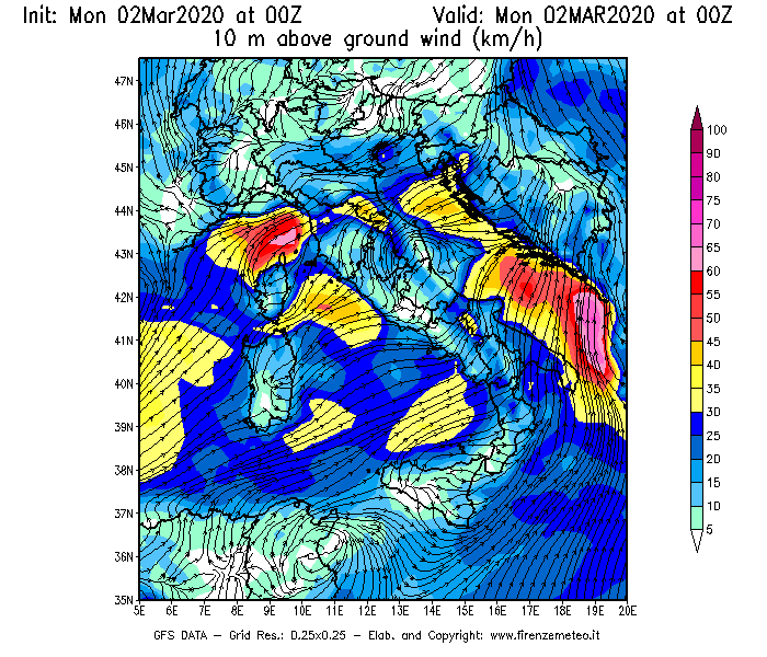 Mappa di analisi GFS - Velocità del vento a 10 metri dal suolo [km/h] in Italia
							del 02/03/2020 00 <!--googleoff: index-->UTC<!--googleon: index-->