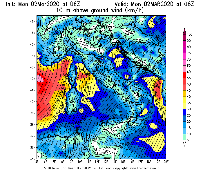 Mappa di analisi GFS - Velocità del vento a 10 metri dal suolo [km/h] in Italia
							del 02/03/2020 06 <!--googleoff: index-->UTC<!--googleon: index-->