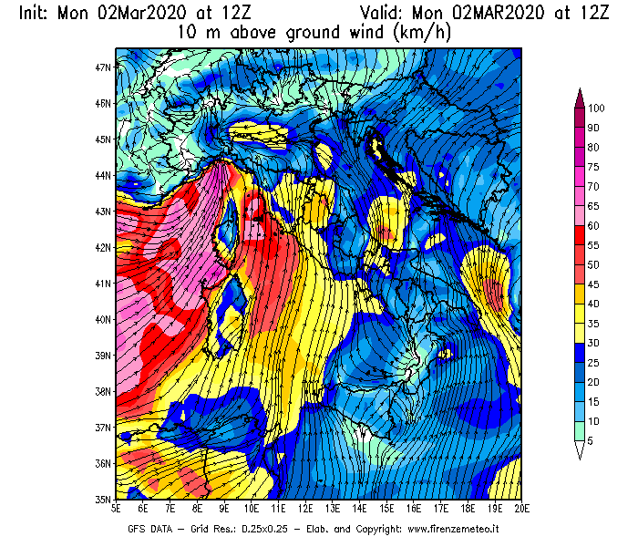 Mappa di analisi GFS - Velocità del vento a 10 metri dal suolo [km/h] in Italia
							del 02/03/2020 12 <!--googleoff: index-->UTC<!--googleon: index-->