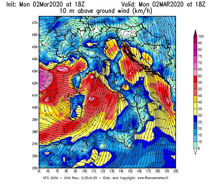 Mappa di analisi GFS - Velocità del vento a 10 metri dal suolo [km/h] in Italia
							del 02/03/2020 18 <!--googleoff: index-->UTC<!--googleon: index-->