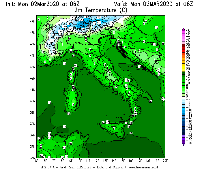 Mappa di analisi GFS - Temperatura a 2 metri dal suolo [°C] in Italia
							del 02/03/2020 06 <!--googleoff: index-->UTC<!--googleon: index-->