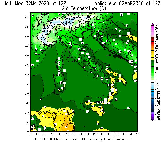 Mappa di analisi GFS - Temperatura a 2 metri dal suolo [°C] in Italia
							del 02/03/2020 12 <!--googleoff: index-->UTC<!--googleon: index-->
