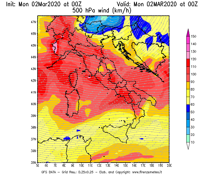 Mappa di analisi GFS - Velocità del vento a 500 hPa [km/h] in Italia
							del 02/03/2020 00 <!--googleoff: index-->UTC<!--googleon: index-->