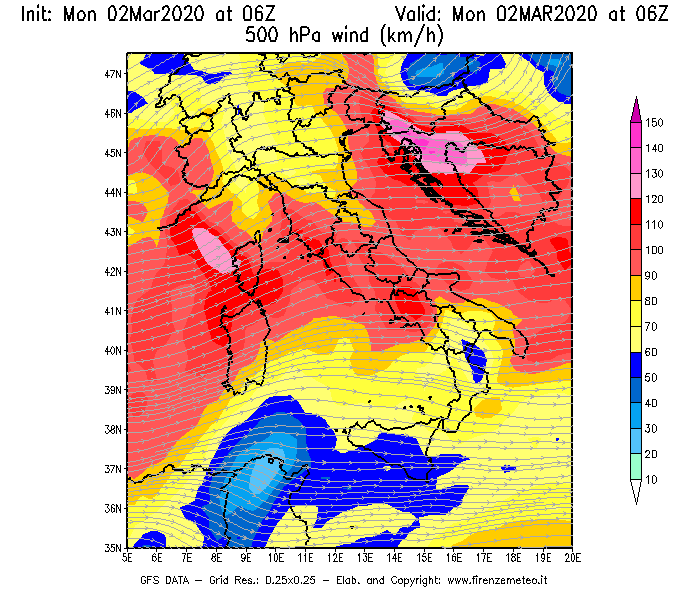 Mappa di analisi GFS - Velocità del vento a 500 hPa [km/h] in Italia
							del 02/03/2020 06 <!--googleoff: index-->UTC<!--googleon: index-->