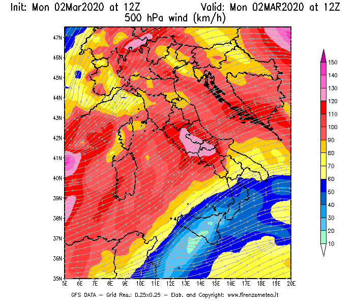 Mappa di analisi GFS - Velocità del vento a 500 hPa [km/h] in Italia
							del 02/03/2020 12 <!--googleoff: index-->UTC<!--googleon: index-->