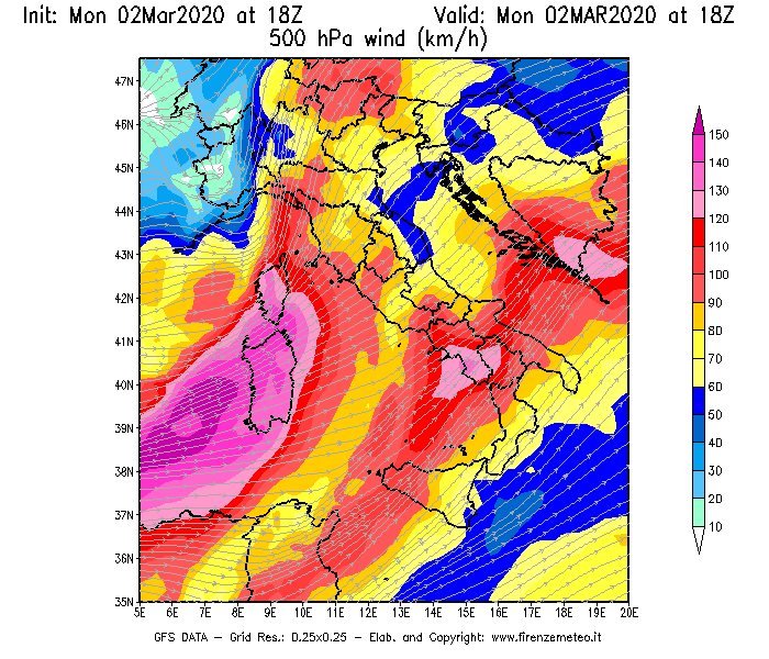 Mappa di analisi GFS - Velocità del vento a 500 hPa [km/h] in Italia
							del 02/03/2020 18 <!--googleoff: index-->UTC<!--googleon: index-->