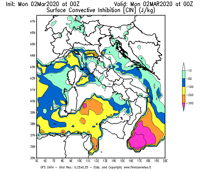 Mappa di analisi GFS - CIN [J/kg] in Italia
							del 02/03/2020 00 <!--googleoff: index-->UTC<!--googleon: index-->