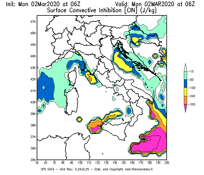 Mappa di analisi GFS - CIN [J/kg] in Italia
							del 02/03/2020 06 <!--googleoff: index-->UTC<!--googleon: index-->