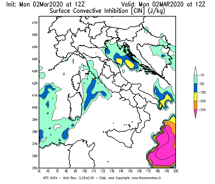 Mappa di analisi GFS - CIN [J/kg] in Italia
							del 02/03/2020 12 <!--googleoff: index-->UTC<!--googleon: index-->