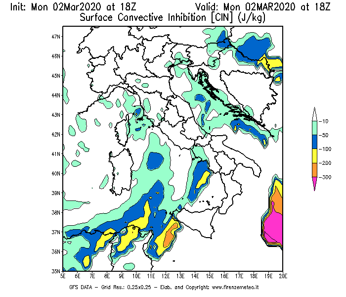Mappa di analisi GFS - CIN [J/kg] in Italia
							del 02/03/2020 18 <!--googleoff: index-->UTC<!--googleon: index-->