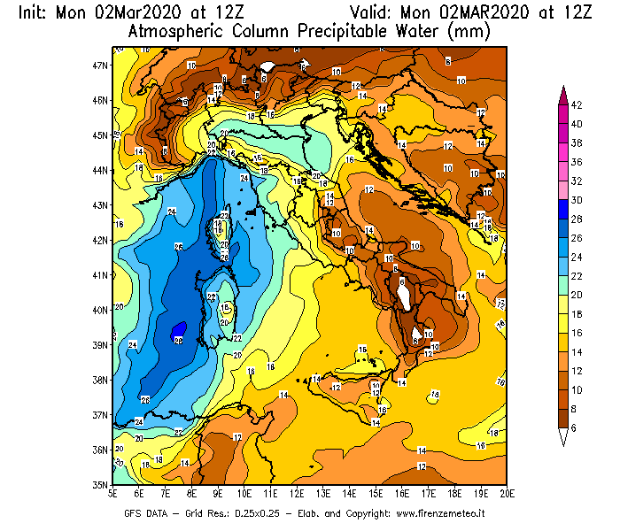 Mappa di analisi GFS - Precipitable Water [mm] in Italia
							del 02/03/2020 12 <!--googleoff: index-->UTC<!--googleon: index-->