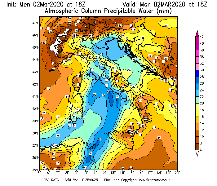 Mappa di analisi GFS - Precipitable Water [mm] in Italia
							del 02/03/2020 18 <!--googleoff: index-->UTC<!--googleon: index-->