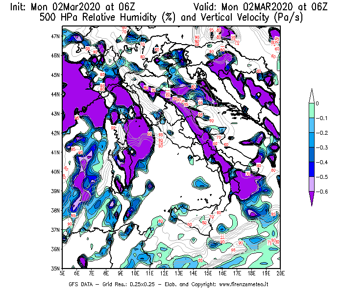 Mappa di analisi GFS - Umidità relativa [%] e Omega [Pa/s] a 500 hPa in Italia
							del 02/03/2020 06 <!--googleoff: index-->UTC<!--googleon: index-->