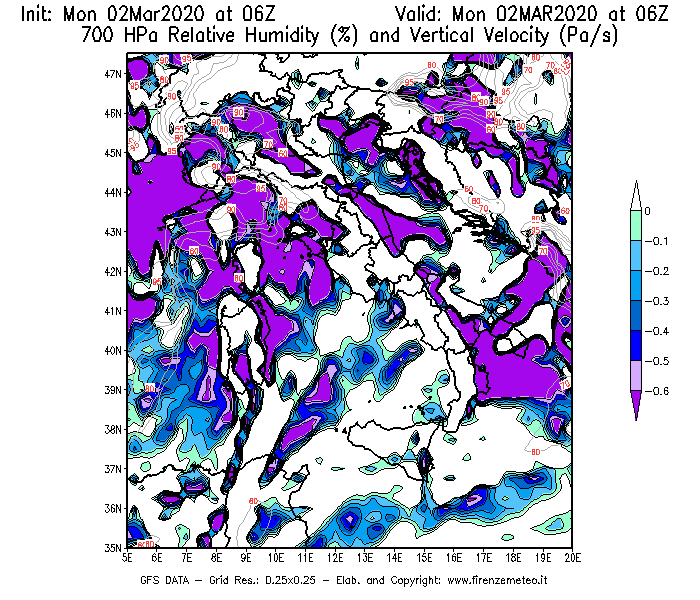 Mappa di analisi GFS - Umidità relativa [%] e Omega [Pa/s] a 700 hPa in Italia
							del 02/03/2020 06 <!--googleoff: index-->UTC<!--googleon: index-->