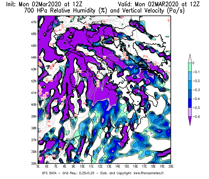 Mappa di analisi GFS - Umidità relativa [%] e Omega [Pa/s] a 700 hPa in Italia
							del 02/03/2020 12 <!--googleoff: index-->UTC<!--googleon: index-->