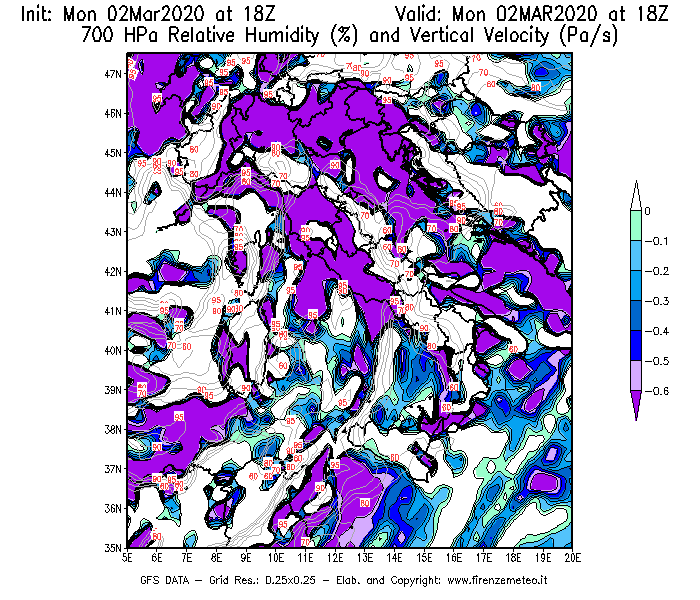 Mappa di analisi GFS - Umidità relativa [%] e Omega [Pa/s] a 700 hPa in Italia
							del 02/03/2020 18 <!--googleoff: index-->UTC<!--googleon: index-->