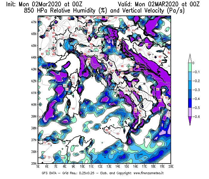 Mappa di analisi GFS - Umidità relativa [%] e Omega [Pa/s] a 850 hPa in Italia
							del 02/03/2020 00 <!--googleoff: index-->UTC<!--googleon: index-->