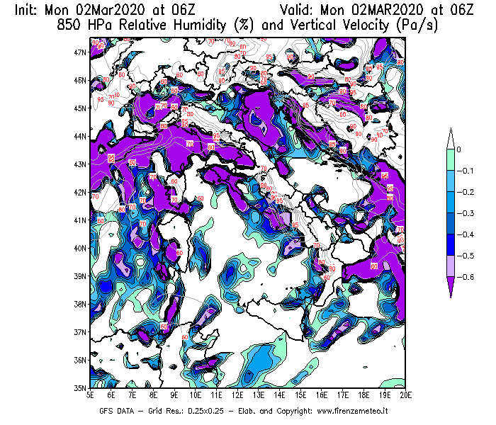 Mappa di analisi GFS - Umidità relativa [%] e Omega [Pa/s] a 850 hPa in Italia
							del 02/03/2020 06 <!--googleoff: index-->UTC<!--googleon: index-->