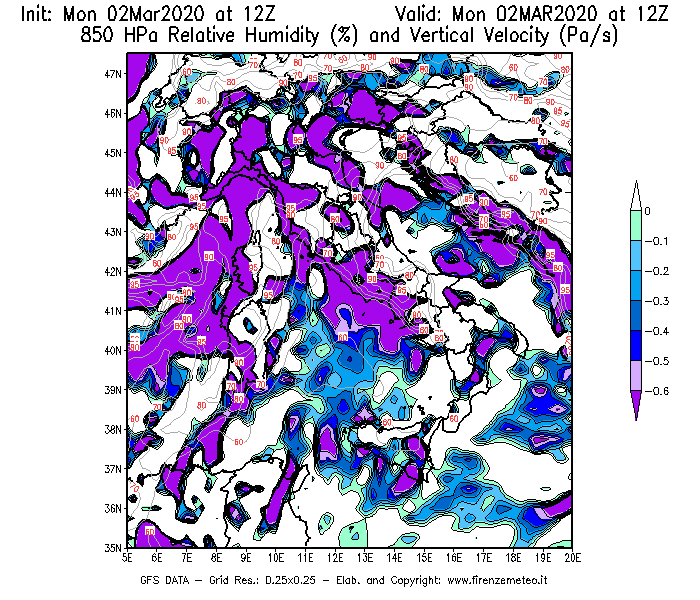 Mappa di analisi GFS - Umidità relativa [%] e Omega [Pa/s] a 850 hPa in Italia
							del 02/03/2020 12 <!--googleoff: index-->UTC<!--googleon: index-->