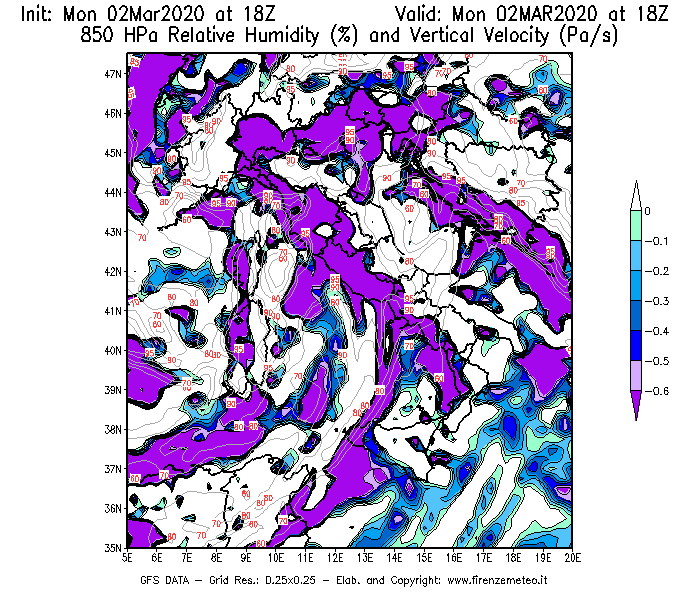 Mappa di analisi GFS - Umidità relativa [%] e Omega [Pa/s] a 850 hPa in Italia
							del 02/03/2020 18 <!--googleoff: index-->UTC<!--googleon: index-->