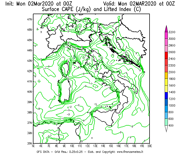 Mappa di analisi GFS - CAPE [J/kg] e Lifted Index [°C] in Italia
							del 02/03/2020 00 <!--googleoff: index-->UTC<!--googleon: index-->