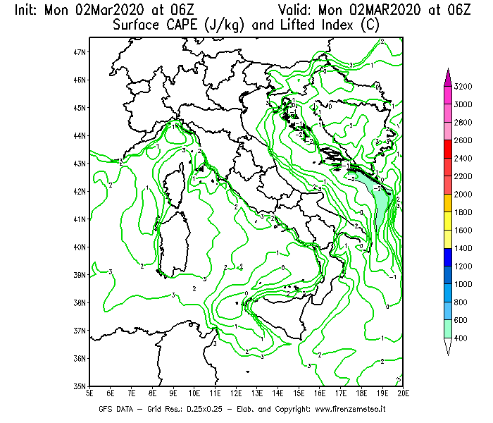 Mappa di analisi GFS - CAPE [J/kg] e Lifted Index [°C] in Italia
							del 02/03/2020 06 <!--googleoff: index-->UTC<!--googleon: index-->