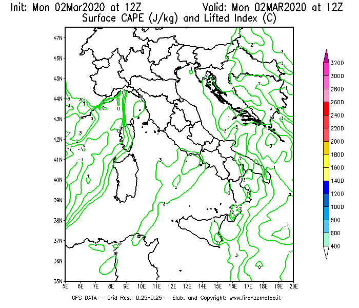 Mappa di analisi GFS - CAPE [J/kg] e Lifted Index [°C] in Italia
							del 02/03/2020 12 <!--googleoff: index-->UTC<!--googleon: index-->