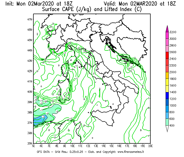 Mappa di analisi GFS - CAPE [J/kg] e Lifted Index [°C] in Italia
							del 02/03/2020 18 <!--googleoff: index-->UTC<!--googleon: index-->