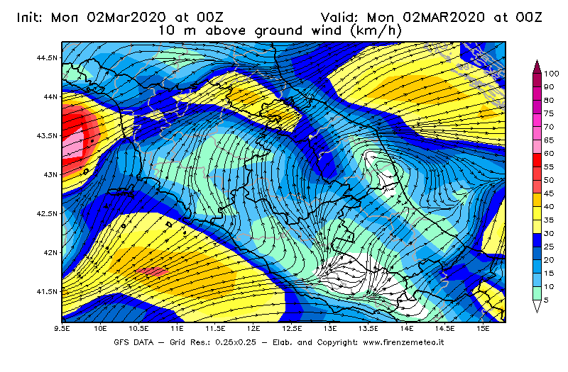 Mappa di analisi GFS - Velocità del vento a 10 metri dal suolo [km/h] in Centro-Italia
							del 02/03/2020 00 <!--googleoff: index-->UTC<!--googleon: index-->