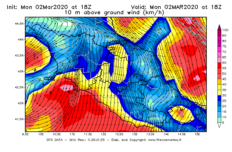 Mappa di analisi GFS - Velocità del vento a 10 metri dal suolo [km/h] in Centro-Italia
							del 02/03/2020 18 <!--googleoff: index-->UTC<!--googleon: index-->