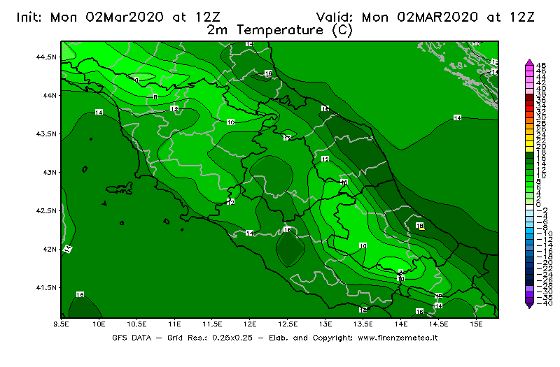 Mappa di analisi GFS - Temperatura a 2 metri dal suolo [°C] in Centro-Italia
							del 02/03/2020 12 <!--googleoff: index-->UTC<!--googleon: index-->