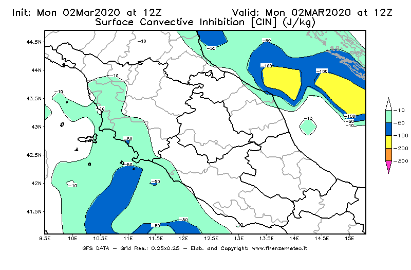Mappa di analisi GFS - CIN [J/kg] in Centro-Italia
							del 02/03/2020 12 <!--googleoff: index-->UTC<!--googleon: index-->