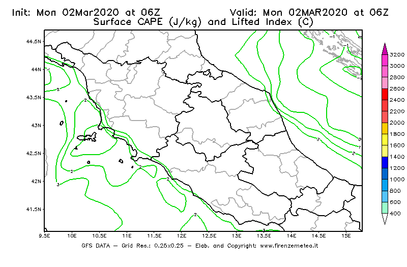 Mappa di analisi GFS - CAPE [J/kg] e Lifted Index [°C] in Centro-Italia
							del 02/03/2020 06 <!--googleoff: index-->UTC<!--googleon: index-->