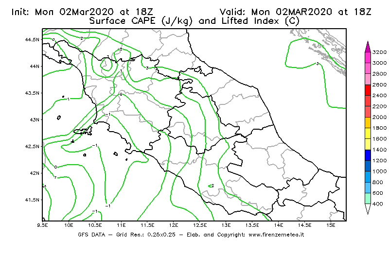 Mappa di analisi GFS - CAPE [J/kg] e Lifted Index [°C] in Centro-Italia
							del 02/03/2020 18 <!--googleoff: index-->UTC<!--googleon: index-->