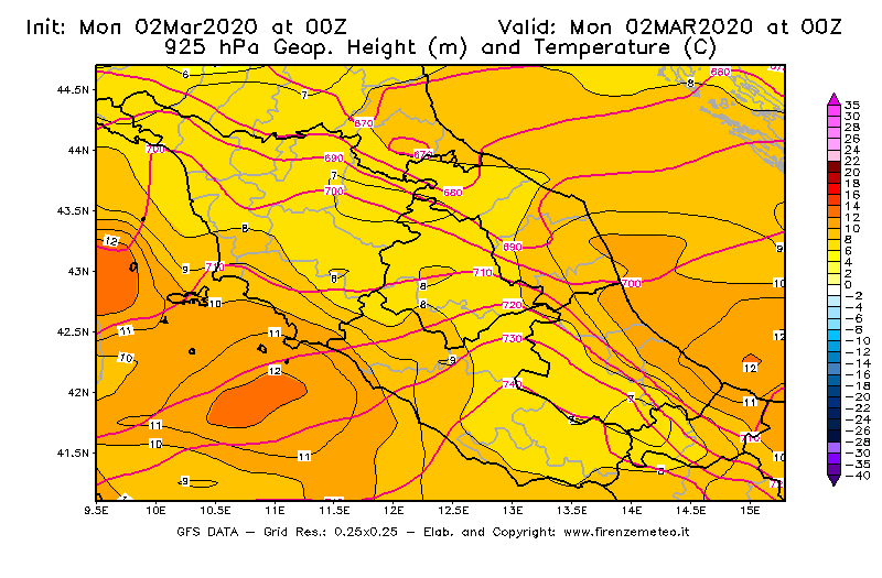Mappa di analisi GFS - Geopotenziale [m] e Temperatura [°C] a 925 hPa in Centro-Italia
							del 02/03/2020 00 <!--googleoff: index-->UTC<!--googleon: index-->