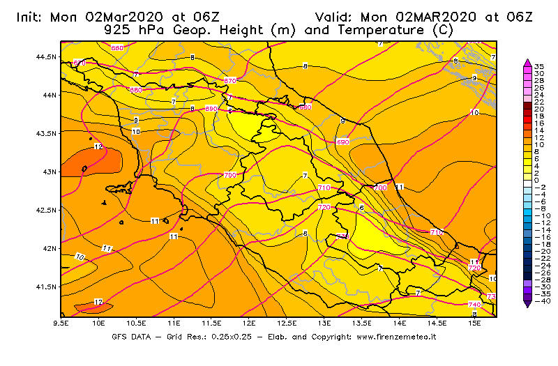 Mappa di analisi GFS - Geopotenziale [m] e Temperatura [°C] a 925 hPa in Centro-Italia
							del 02/03/2020 06 <!--googleoff: index-->UTC<!--googleon: index-->