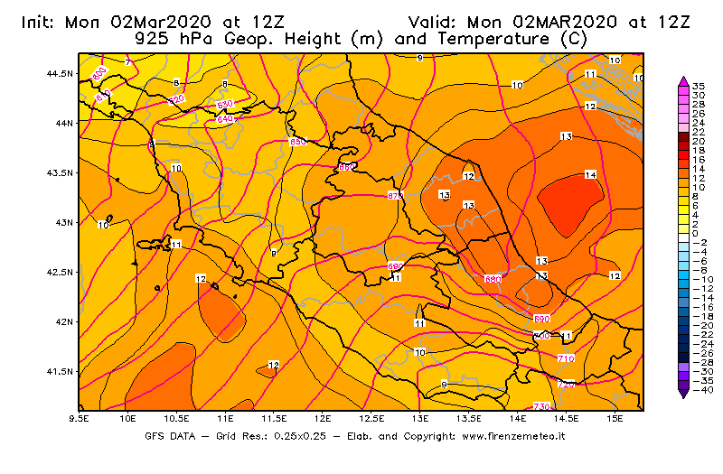 Mappa di analisi GFS - Geopotenziale [m] e Temperatura [°C] a 925 hPa in Centro-Italia
							del 02/03/2020 12 <!--googleoff: index-->UTC<!--googleon: index-->