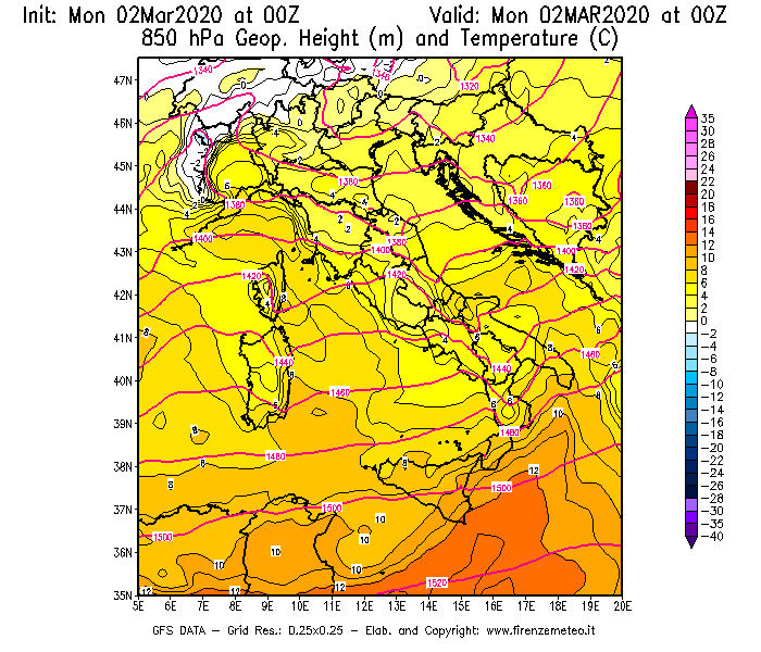 Mappa di analisi GFS - Geopotenziale [m] e Temperatura [°C] a 850 hPa in Italia
							del 02/03/2020 00 <!--googleoff: index-->UTC<!--googleon: index-->