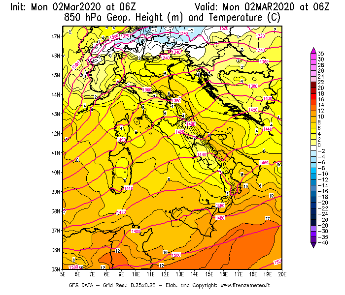 Mappa di analisi GFS - Geopotenziale [m] e Temperatura [°C] a 850 hPa in Italia
							del 02/03/2020 06 <!--googleoff: index-->UTC<!--googleon: index-->