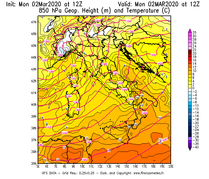Mappa di analisi GFS - Geopotenziale [m] e Temperatura [°C] a 850 hPa in Italia
							del 02/03/2020 12 <!--googleoff: index-->UTC<!--googleon: index-->