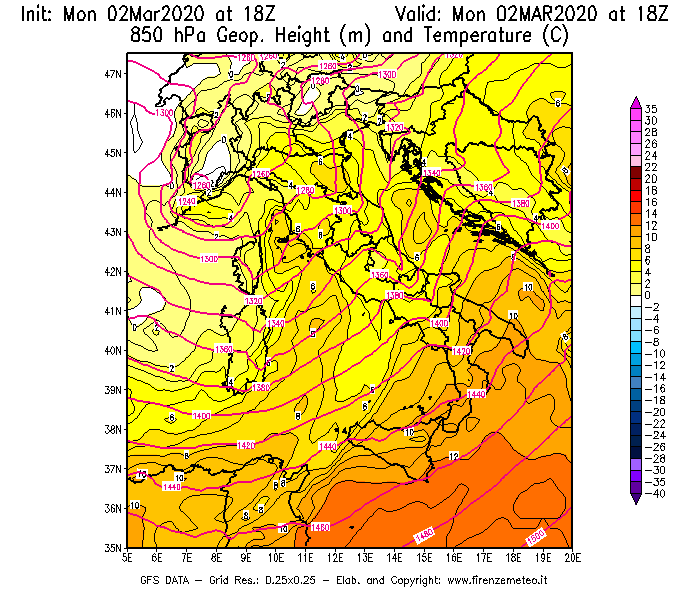 Mappa di analisi GFS - Geopotenziale [m] e Temperatura [°C] a 850 hPa in Italia
							del 02/03/2020 18 <!--googleoff: index-->UTC<!--googleon: index-->