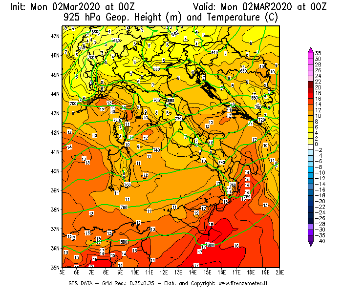 Mappa di analisi GFS - Geopotenziale [m] e Temperatura [°C] a 925 hPa in Italia
							del 02/03/2020 00 <!--googleoff: index-->UTC<!--googleon: index-->